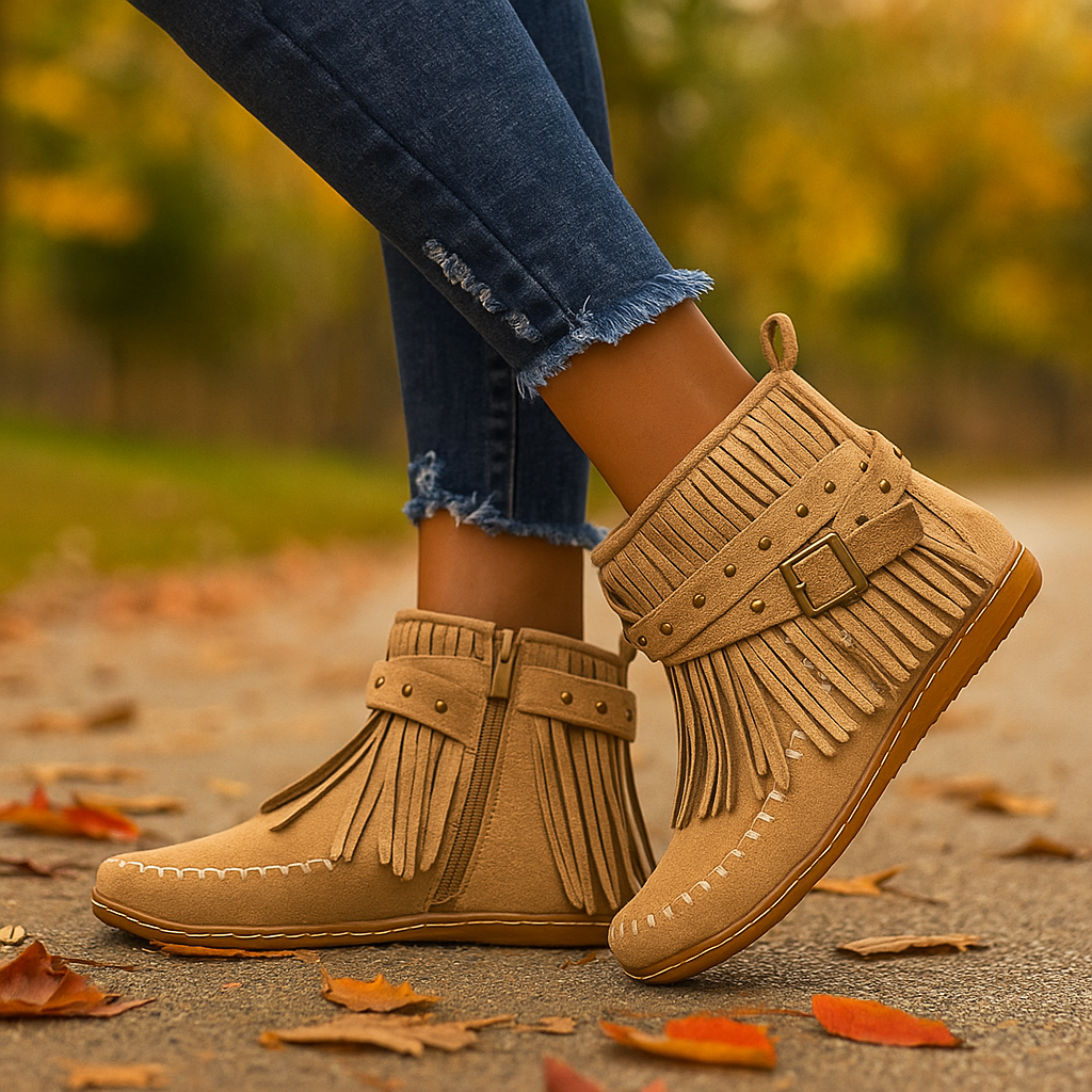 Women's fashion boots: black fringe ankle boots with stylish studded buckle detail