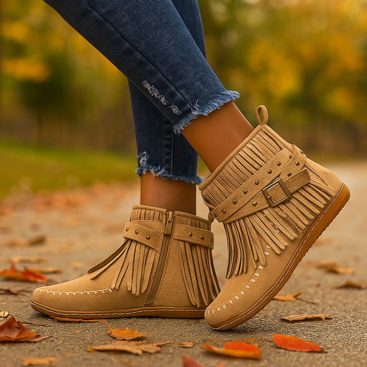 Women's fashion boots: black fringe ankle boots with stylish studded buckle detail