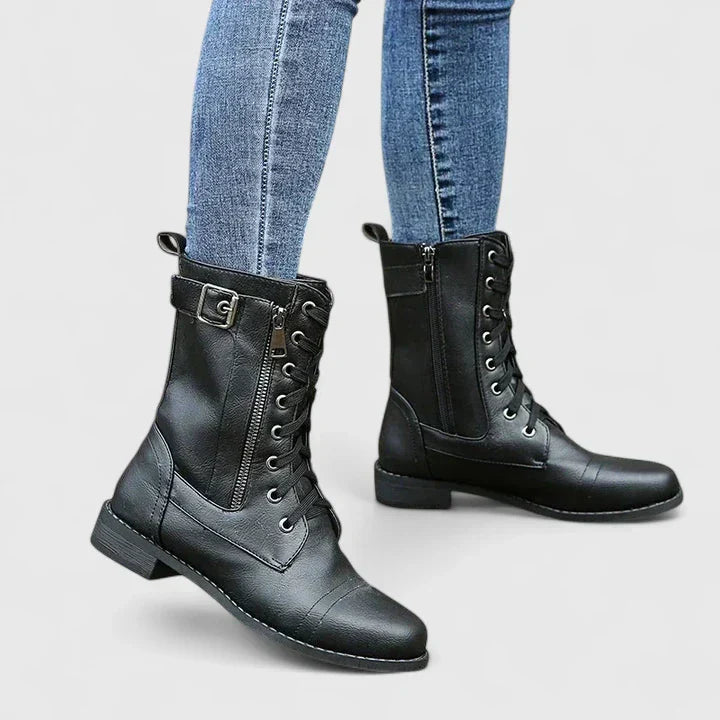 Women's black lace-up ankle boots with side zipper, perfect for spring/summer casual fashion.