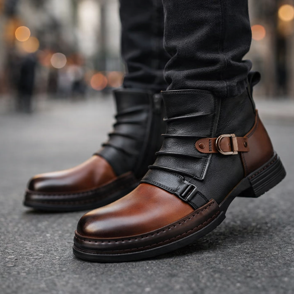 Women's black leather buckle ankle boots, side view, stylish fall/winter fashion footwear