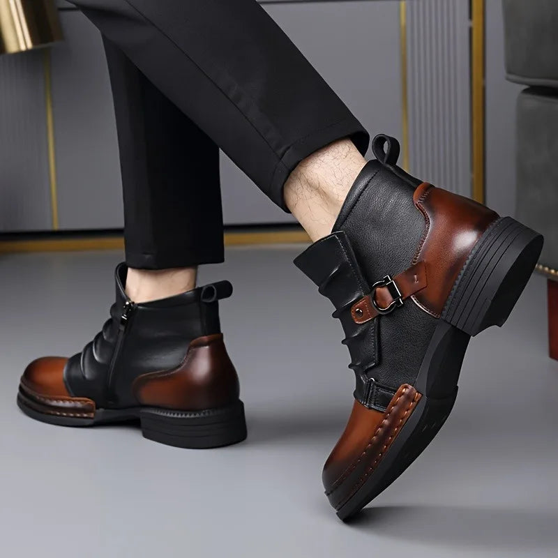 Close-up of the sole and heel of women's black leather buckle ankle boots