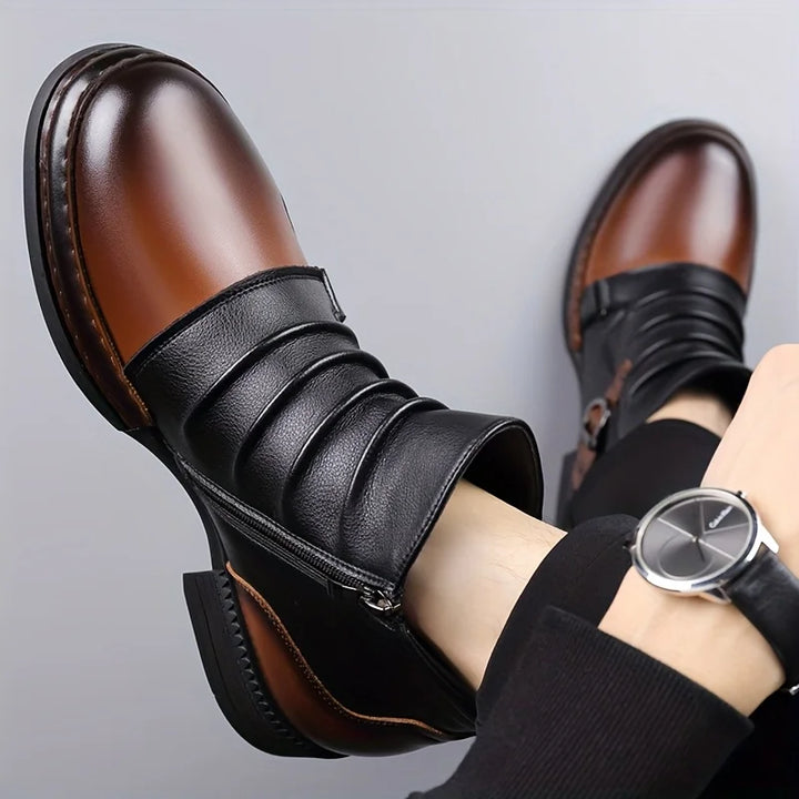 Fashionable women's heeled boots, leather with buckle embellishments, side profile