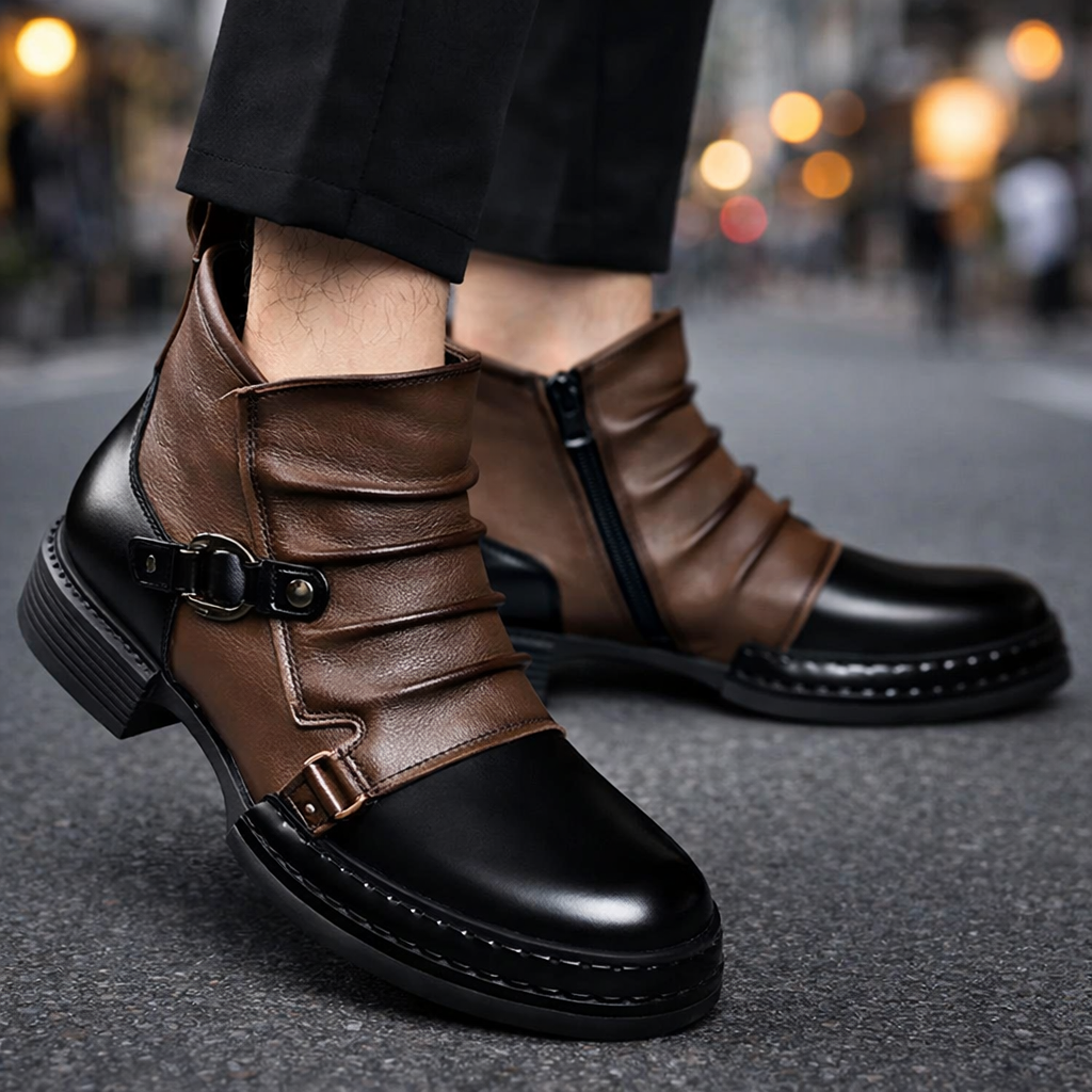 Close-up of women's leather buckle ankle boots with decorative silver buckles and straps