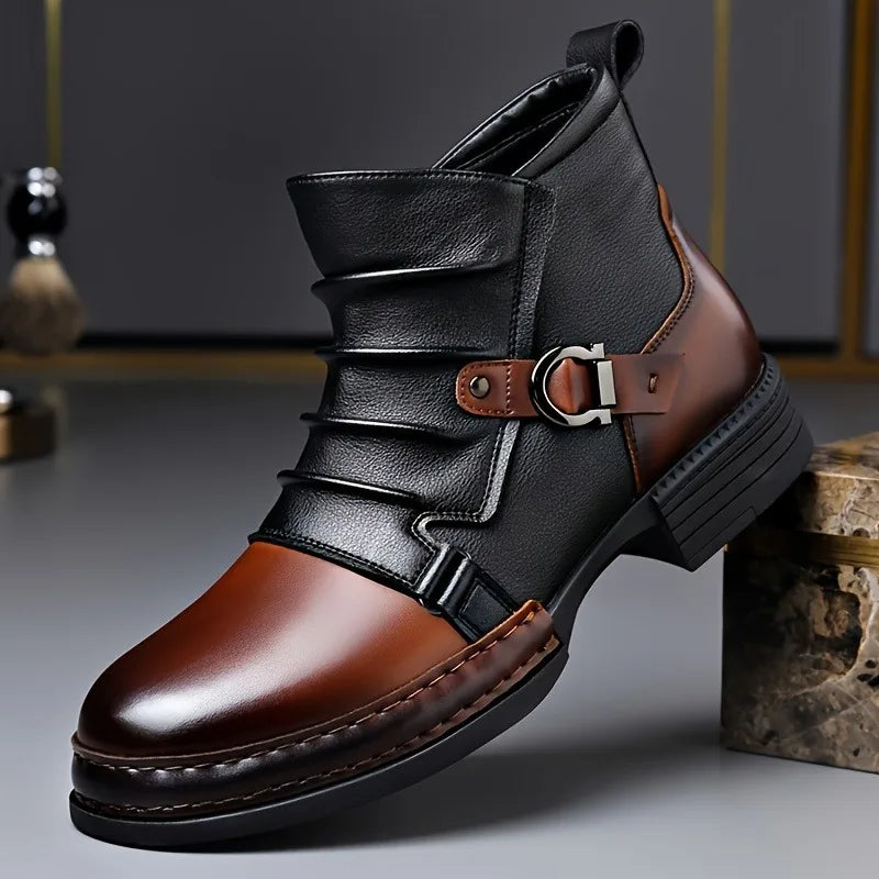 Pair of women's heeled leather ankle boots, front view, perfect for fall fashion