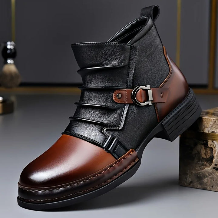 Pair of women's heeled leather ankle boots, front view, perfect for fall fashion