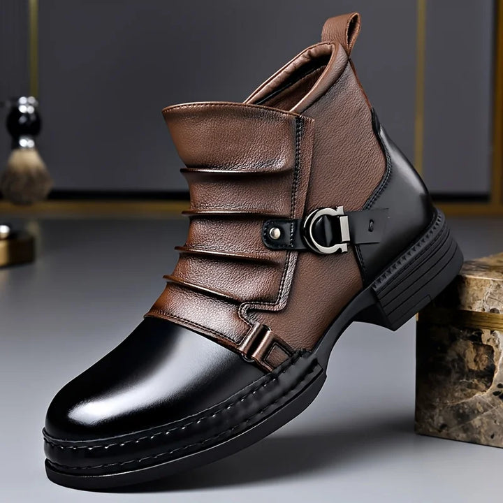Model wearing women's black leather buckle ankle boots with jeans, outdoor setting
