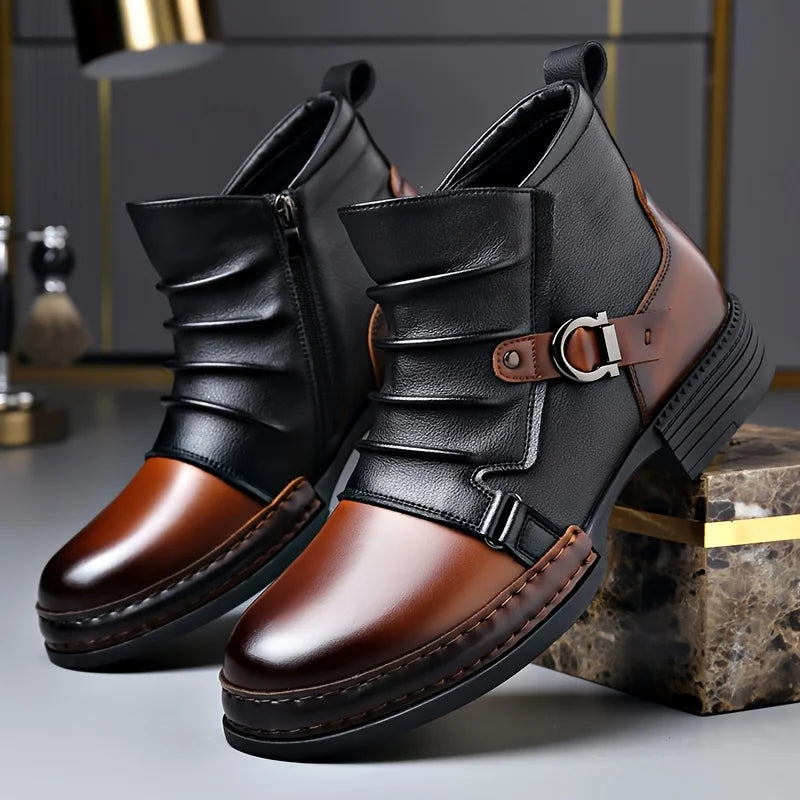 Women's leather ankle boots with multiple buckles, detailed texture of the leather