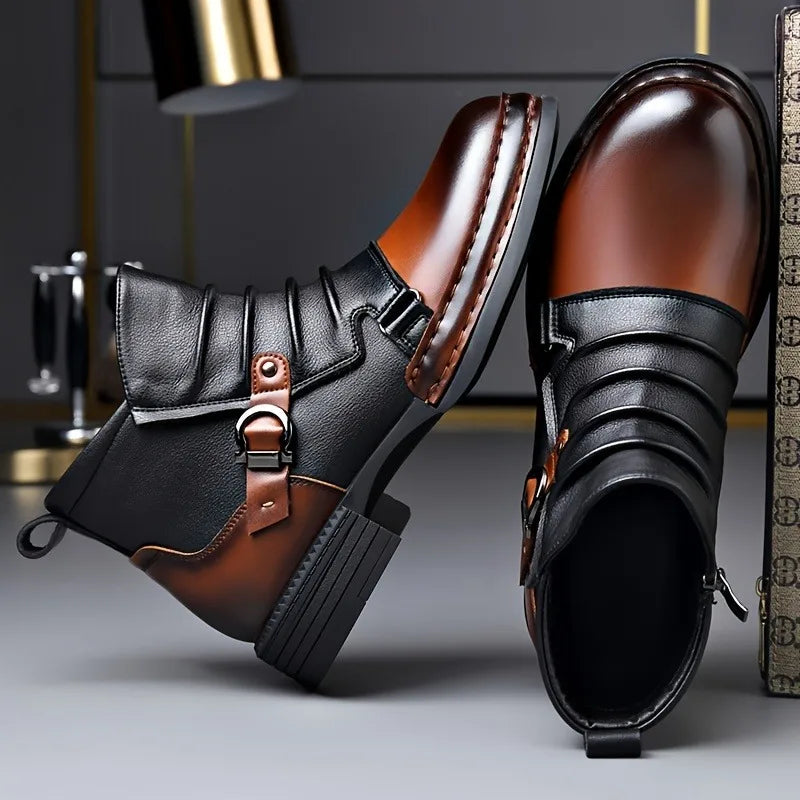Top-down view of women's leather ankle boots, highlighting the chic buckle design