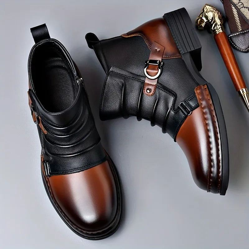 Women's fall fashion leather boots, ankle height, with prominent buckle accents