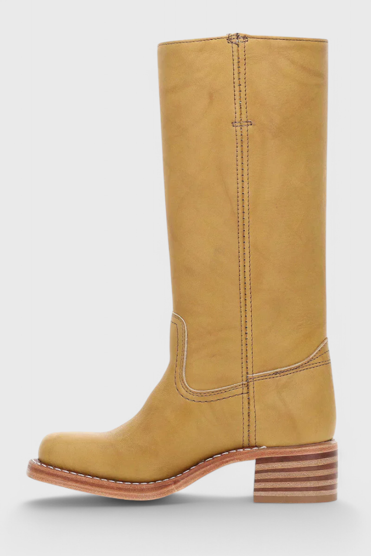 Back view of women's heeled leather knee-high boots, showing the full shaft and heel.