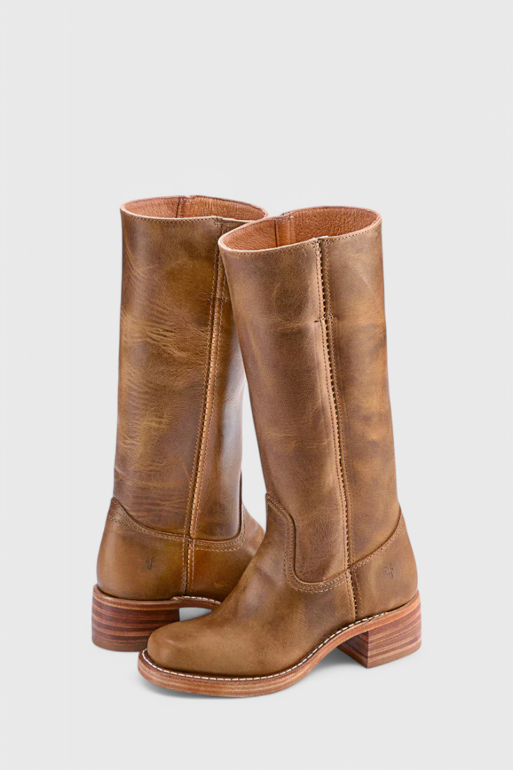 Woman wearing versatile knee-high leather boots with a dress, a chic fall look.