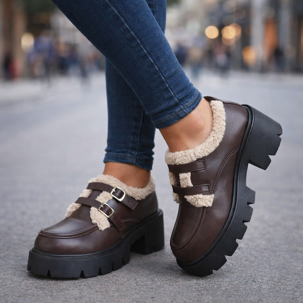 Women's black leather platform shoes with chunky buckle, perfect for winter fashion & casual wear