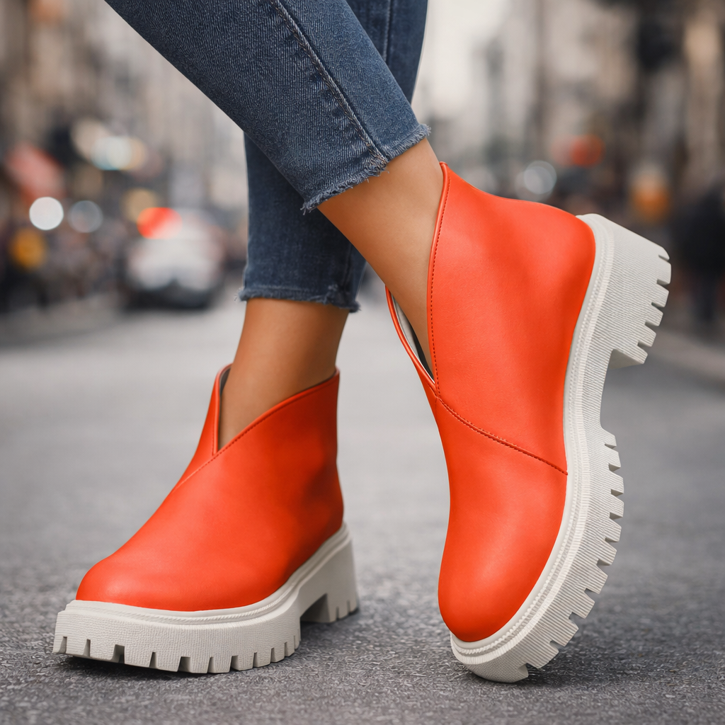 Close-up of women's leather platform slip-on shoes, showcasing texture and modern design.