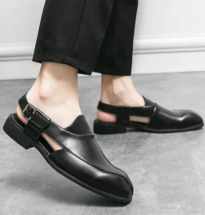Detail of the comfortable sole on women's leather square toe slingback loafers