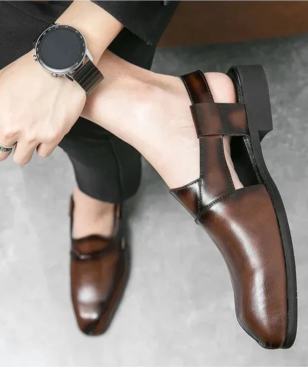Side view of a women's leather slingback loafer, highlighting the square toe and heel strap