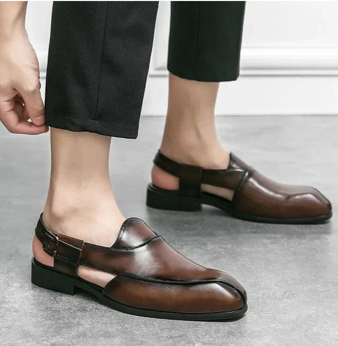 Top-down view of women's brown leather loafers, featuring a chic square toe and slingback strap