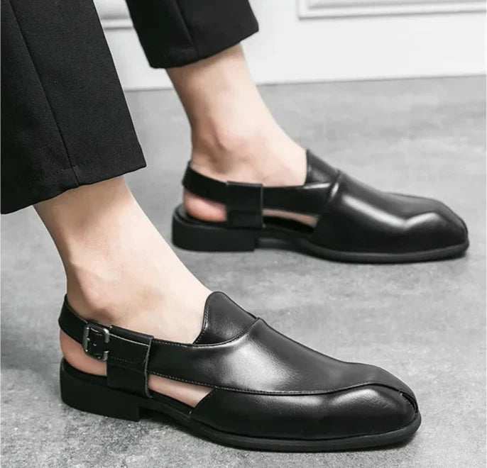 Model wearing women's black leather square toe slingback loafers, demonstrating fit & style