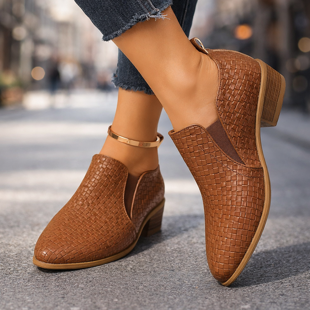 Women's black leather weave slip-on ankle boots with a comfortable low heel, perfect for everyday fashion.