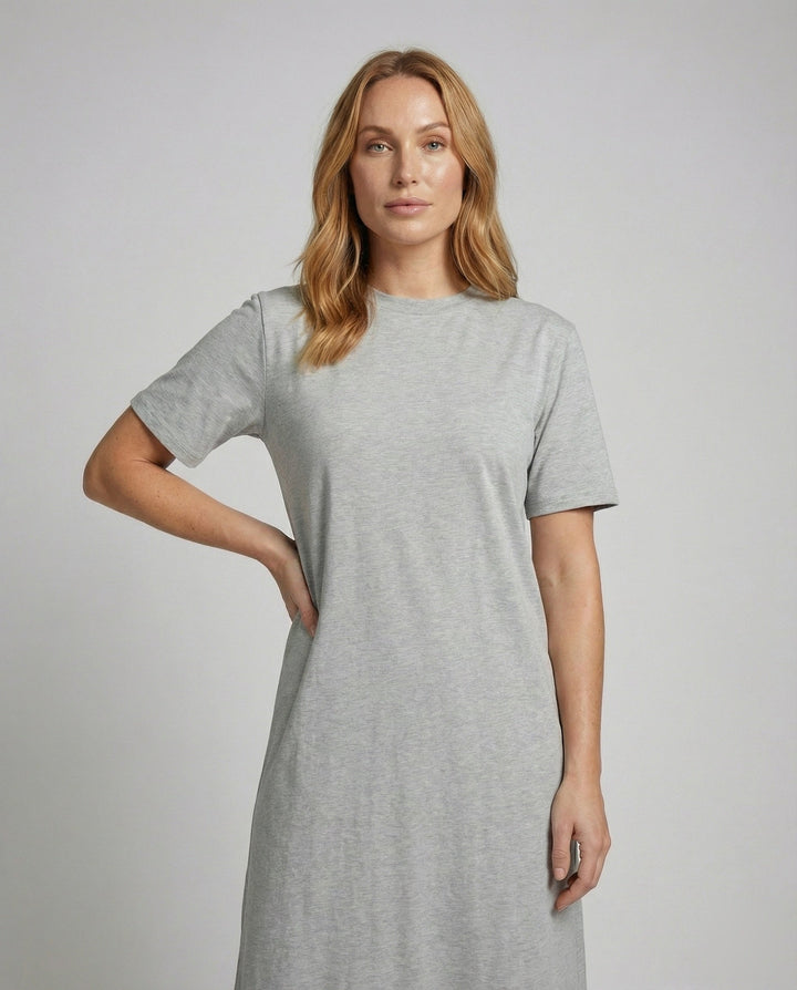 Casual women's oversized maxi dress, mock neck, side split. Perfect for comfortable, minimalist everyday wear.