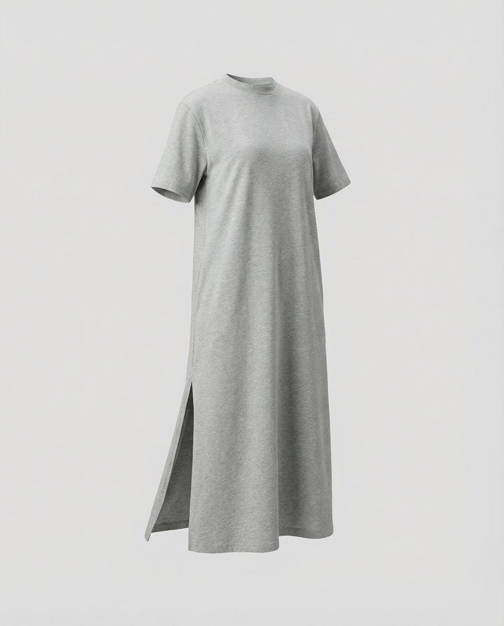 Versatile women's mock neck oversized maxi dress, short sleeve, side split. Ideal for casual summer or everyday.