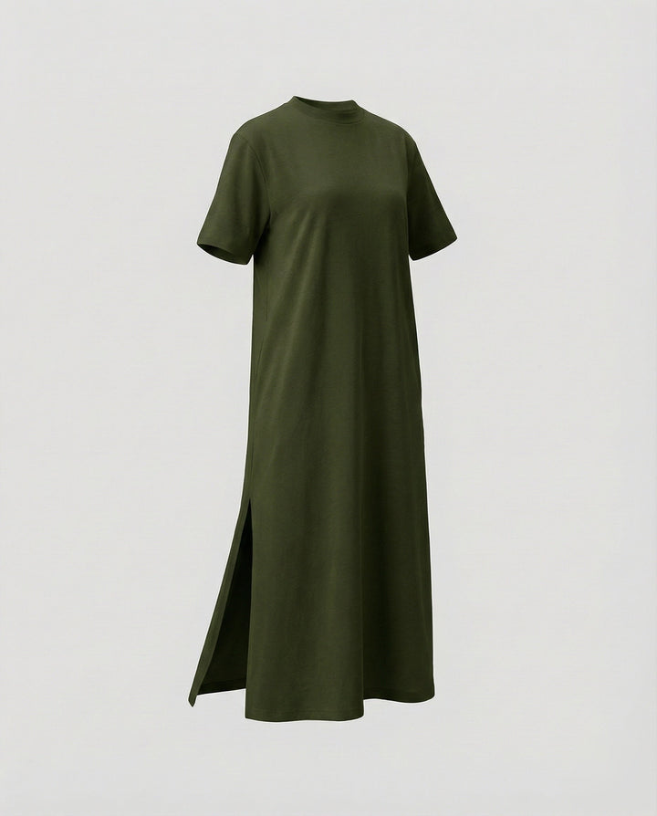 Relaxed fit women's oversized maxi dress with mock neck, short sleeves & modern side split. Minimalist fashion.