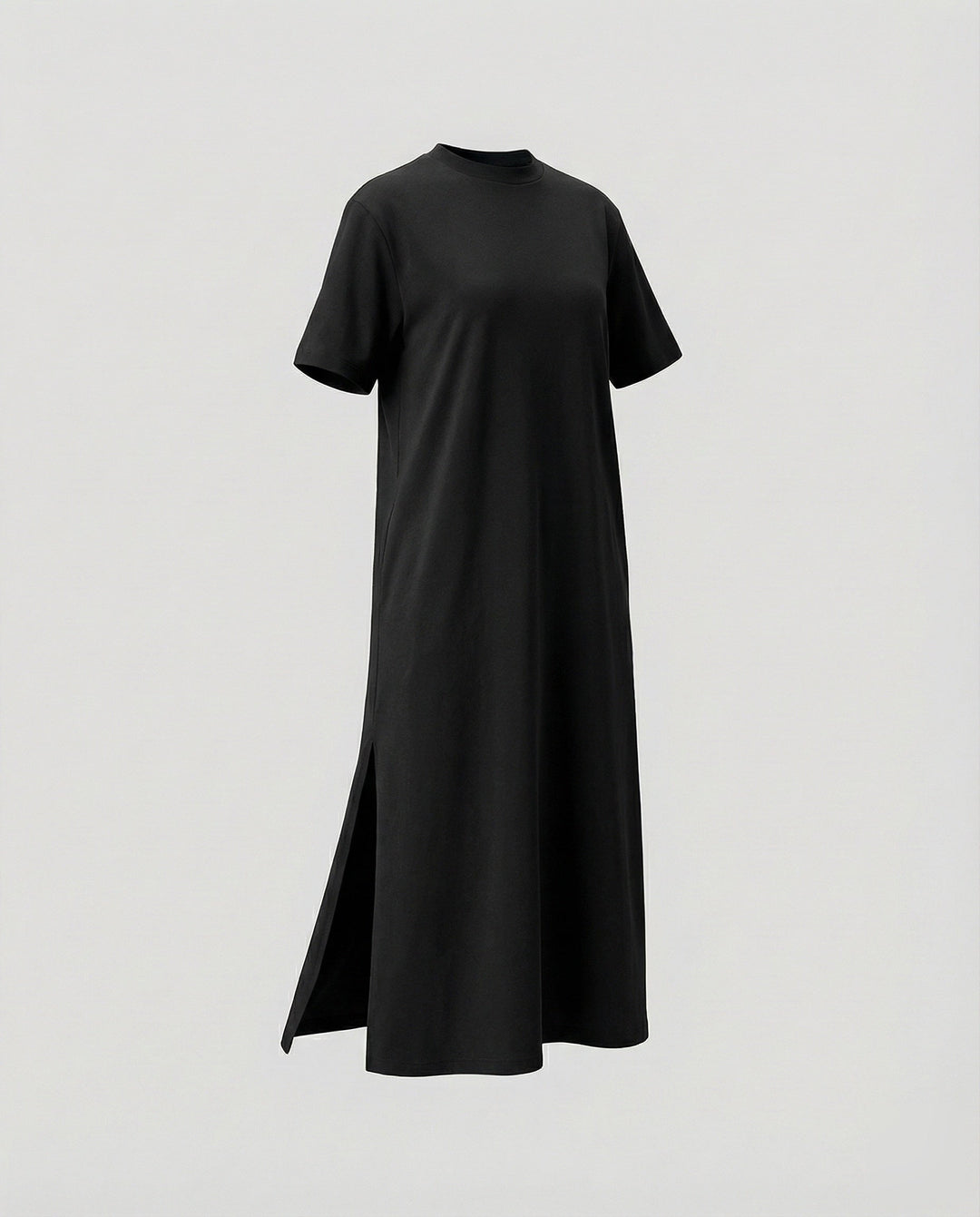 Full length women's mock neck oversized maxi dress, short sleeves, elegant side split. Comfortable summer style.