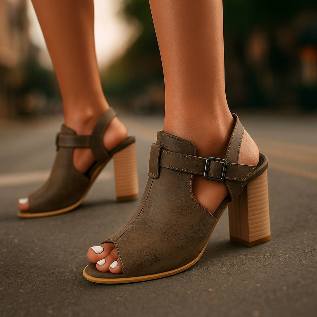 Tan leather open-toe block heels for women, featuring a sturdy heel and adjustable buckle strap.