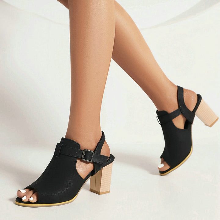 Dark red open-toe block heels for women, featuring a classic design and an adjustable strap for comfort.