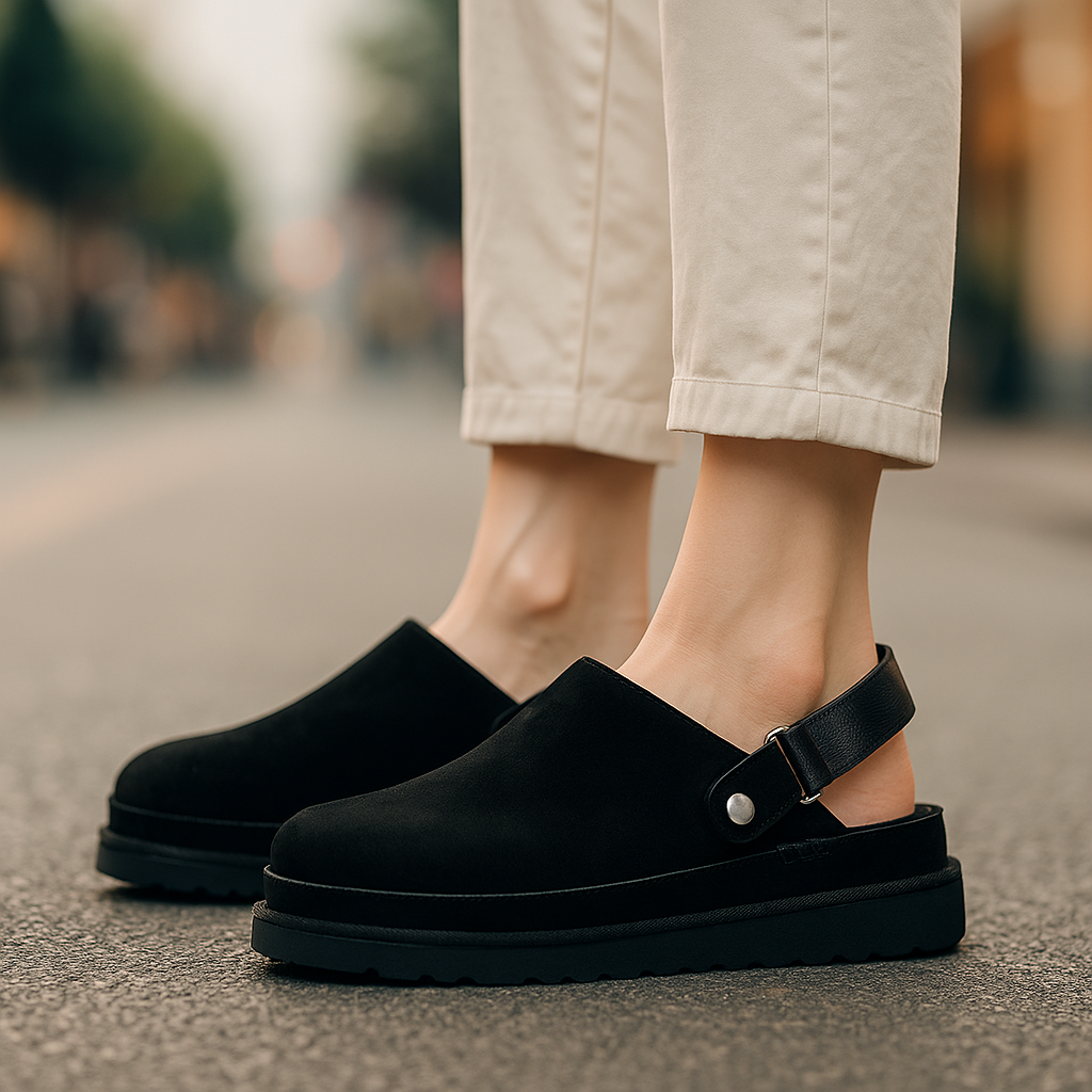 Women's black orthopedic comfort clogs with adjustable strap & arch support for everyday wear