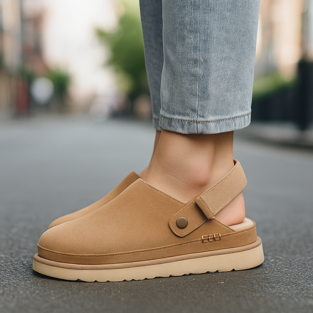 Close-up of the adjustable strap on women's orthopedic clogs, providing a secure fit