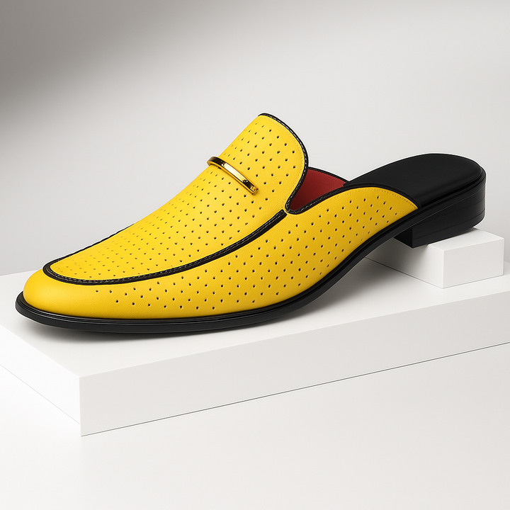 Women's black perforated leather slip-on mules, comfortable and elegant casual footwear