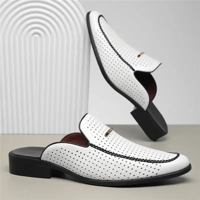Side profile of a women's perforated leather mule, demonstrating its ergonomic design