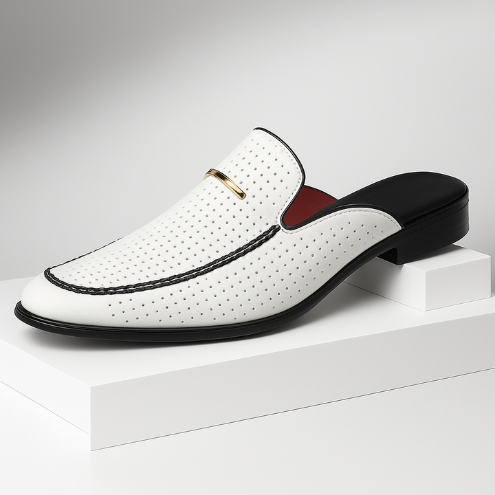 Close-up of a women's perforated leather mule, showcasing intricate details and quality