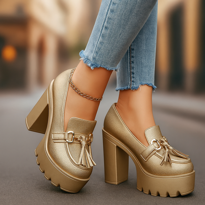 Women's black platform loafers with tassel detail and chunky block heel, comfortable fashion footwear.