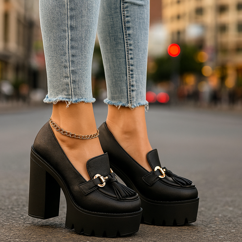 Side view of a women's platform loafer showcasing its modern design and elevated block heel.
