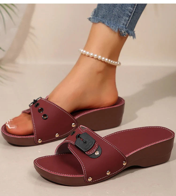 Casual yet chic wine platform wedge slides for women, perfect for warm weather fashion