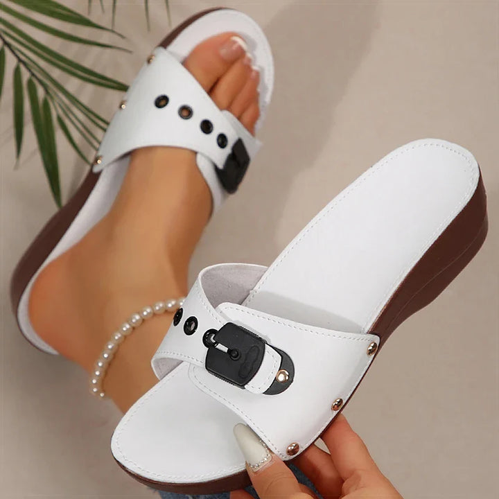 Women's platform wedge slide sandals in black, wine, and white, a trio of summer style