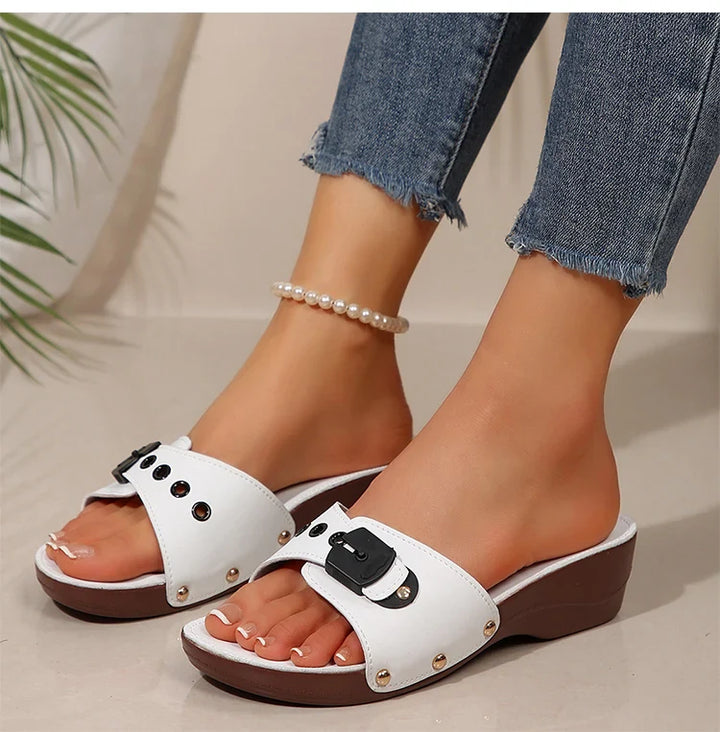Elegant wine platform wedge slides for women, a comfortable and stylish summer shoe