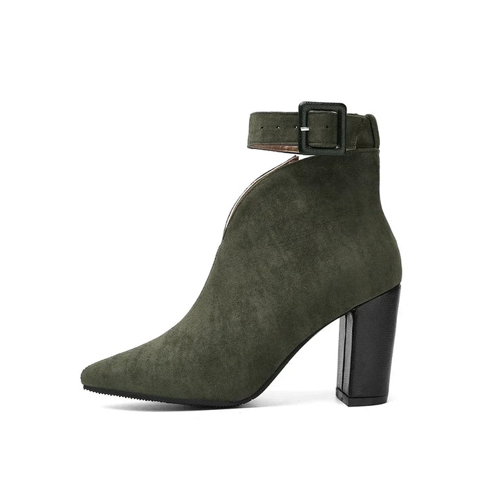 Rear view of women's block heel ankle boots, showcasing the comfortable heel and pointed toe