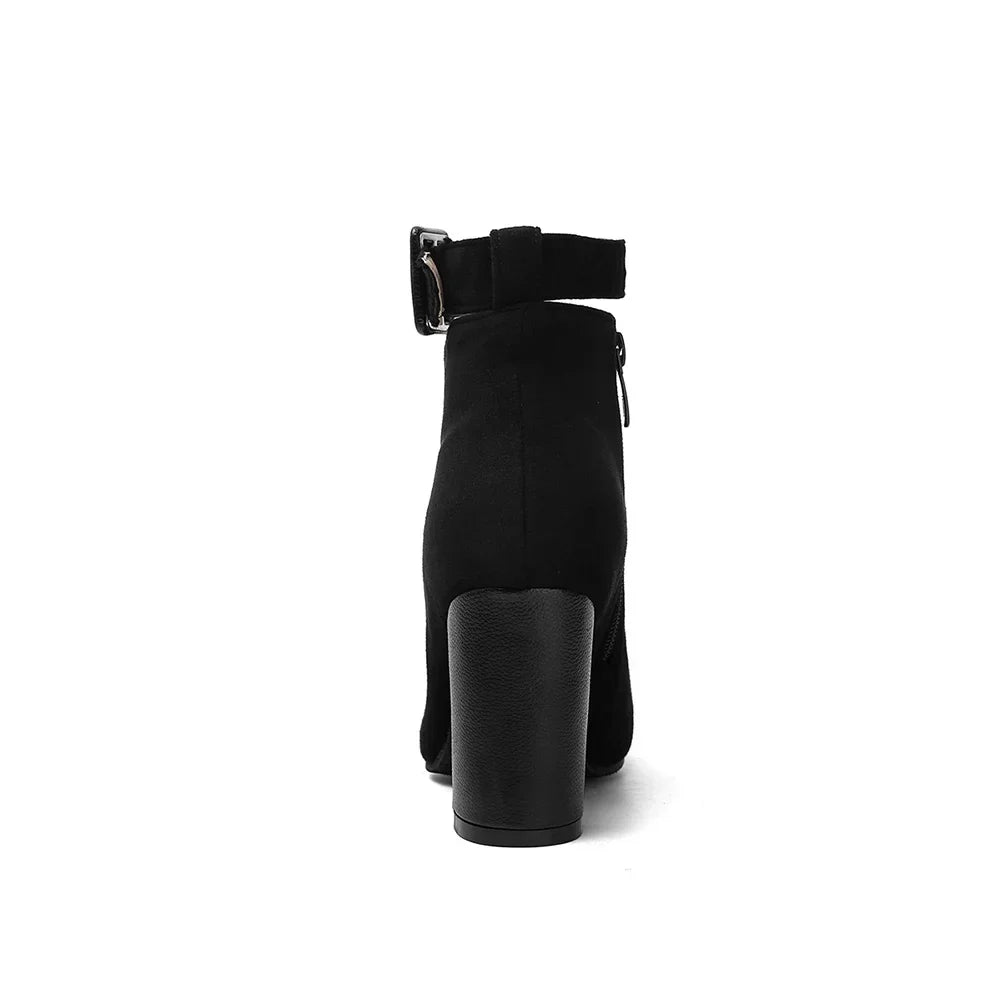 Women's trendy ankle boots, pointed toe, featuring dual buckles and a comfortable block heel