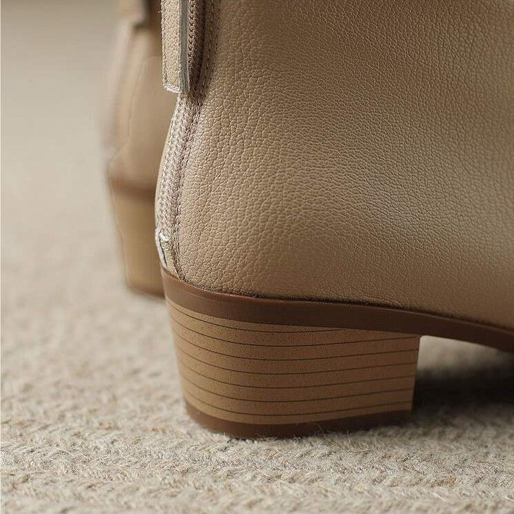 Professional women's pointed toe ankle boots, low heel, slip-on, for office or dressy casual.