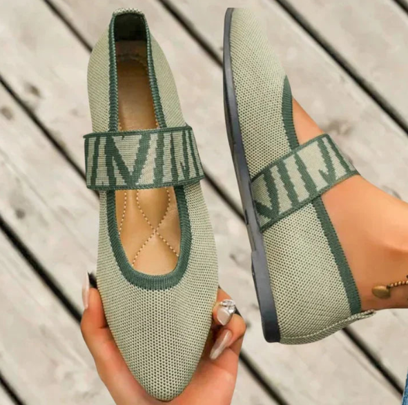 Close-up of a women's pointed toe ballet flat, showcasing the soft material and sleek design