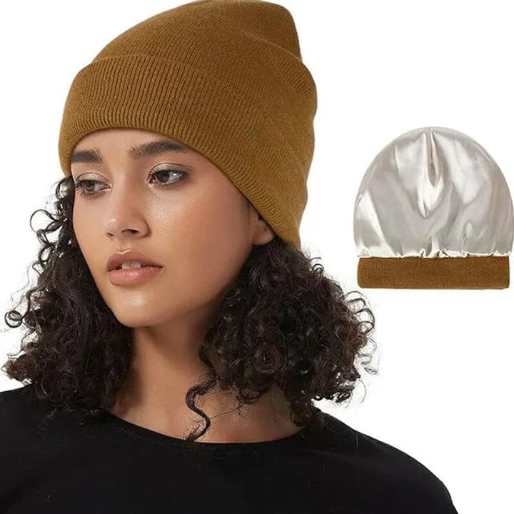 Women's black satin-lined winter beanie, hair protective knitted hat, anti-frizz