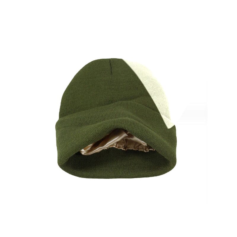 Back view of a women's head wearing a practical and stylish satin-lined beanie