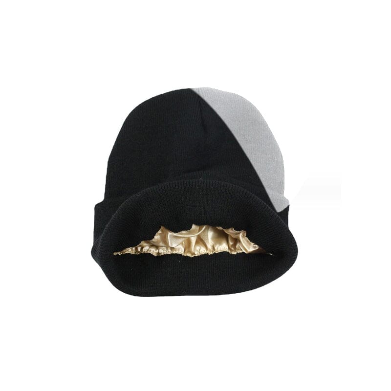 Beige women's winter beanie with a hidden satin lining for ultimate hair protection