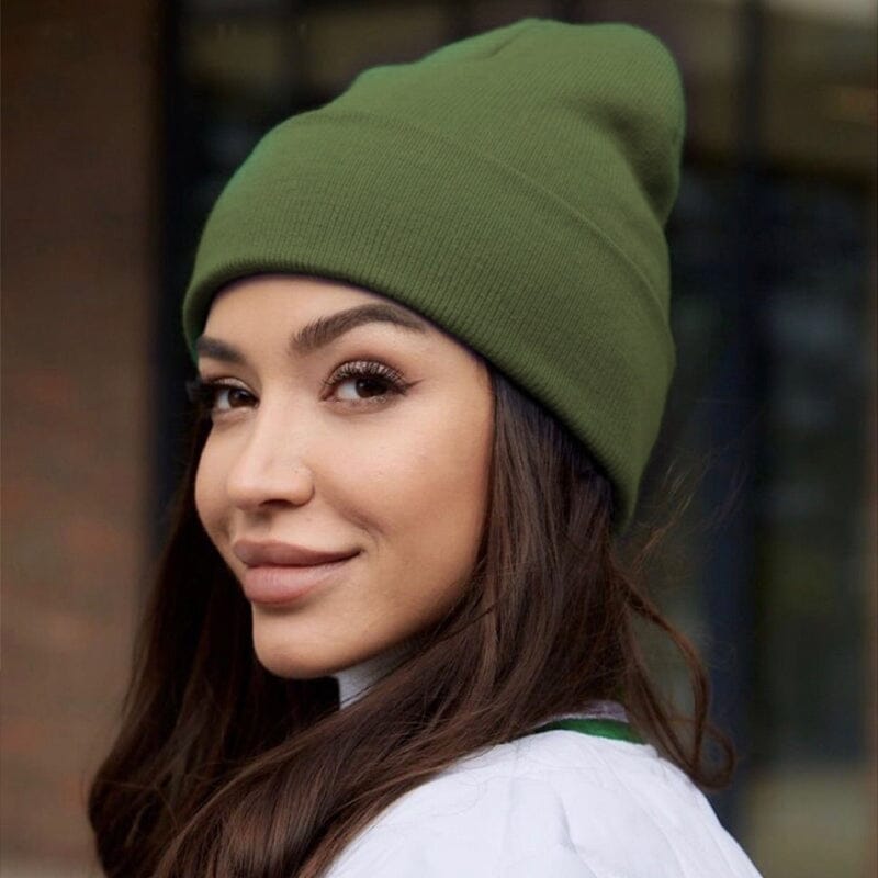 Close-up of women's warm winter beanie with satin lining for hair protection