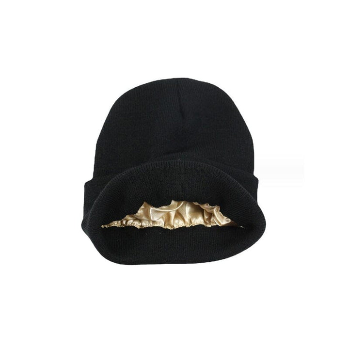 Navy blue satin-lined beanie for women, ensuring hair stays smooth and protected
