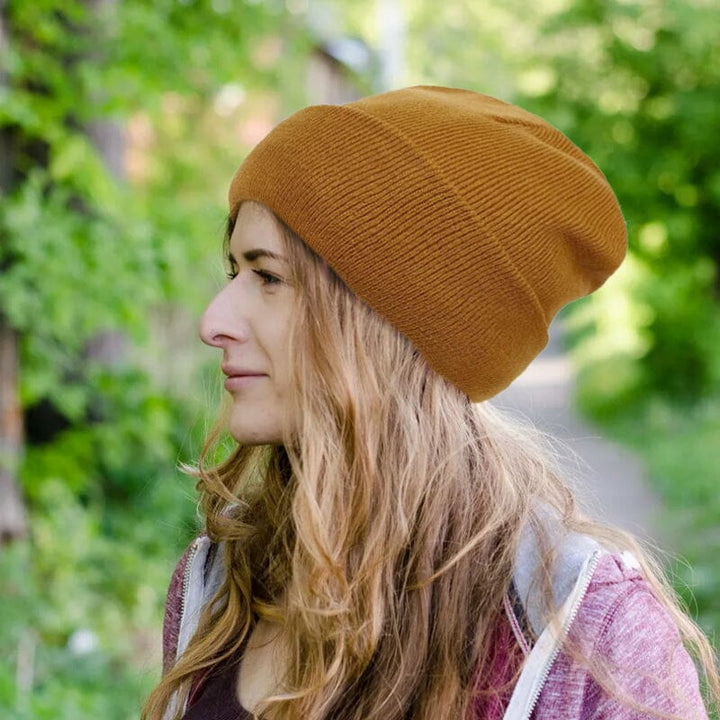 Stylish women's beanie, knitted, with a satin interior to protect hair from frizz