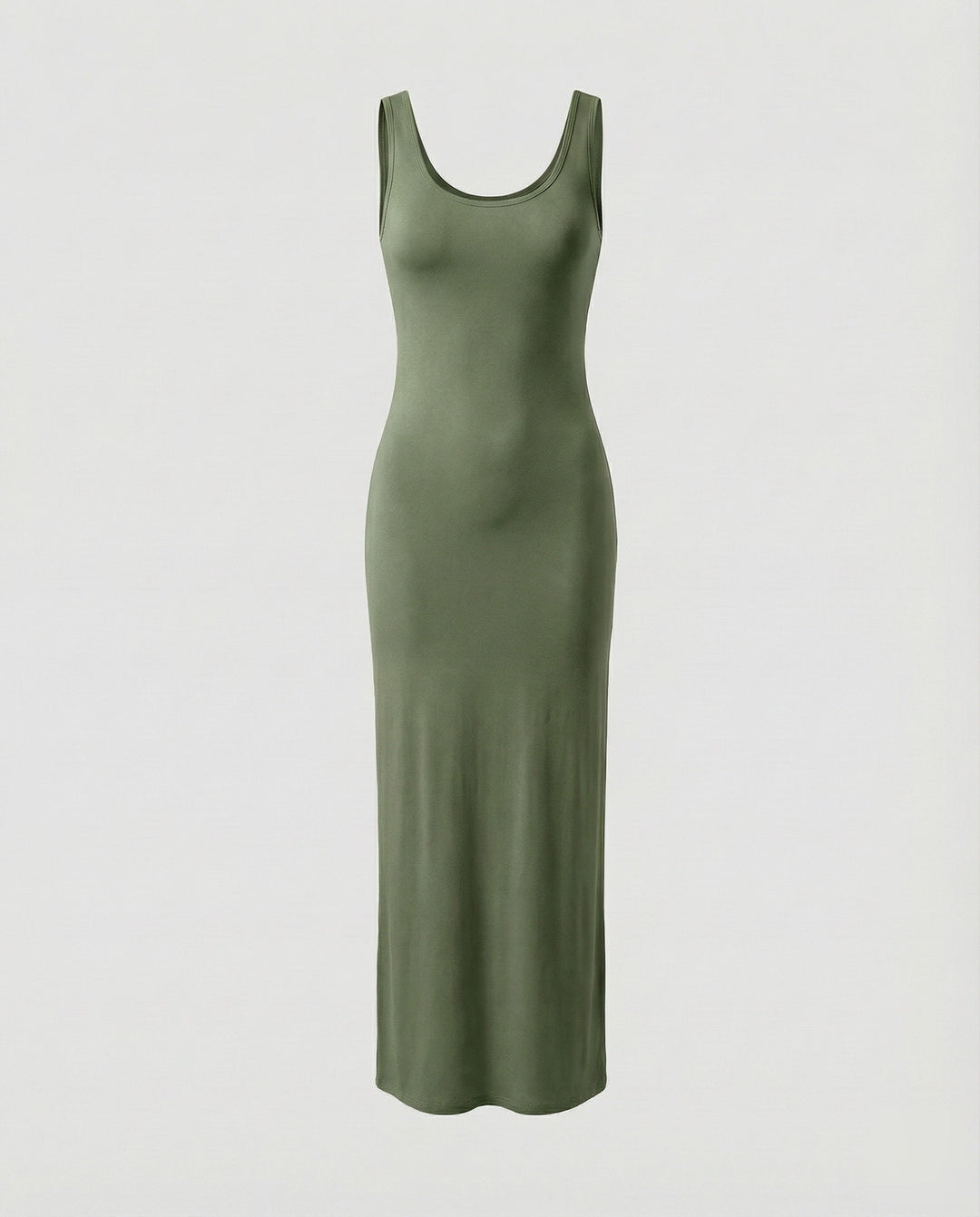Chic women's maxi dress, bodycon fit, scoop neck, sleeveless design, perfect for elegant casual wear.