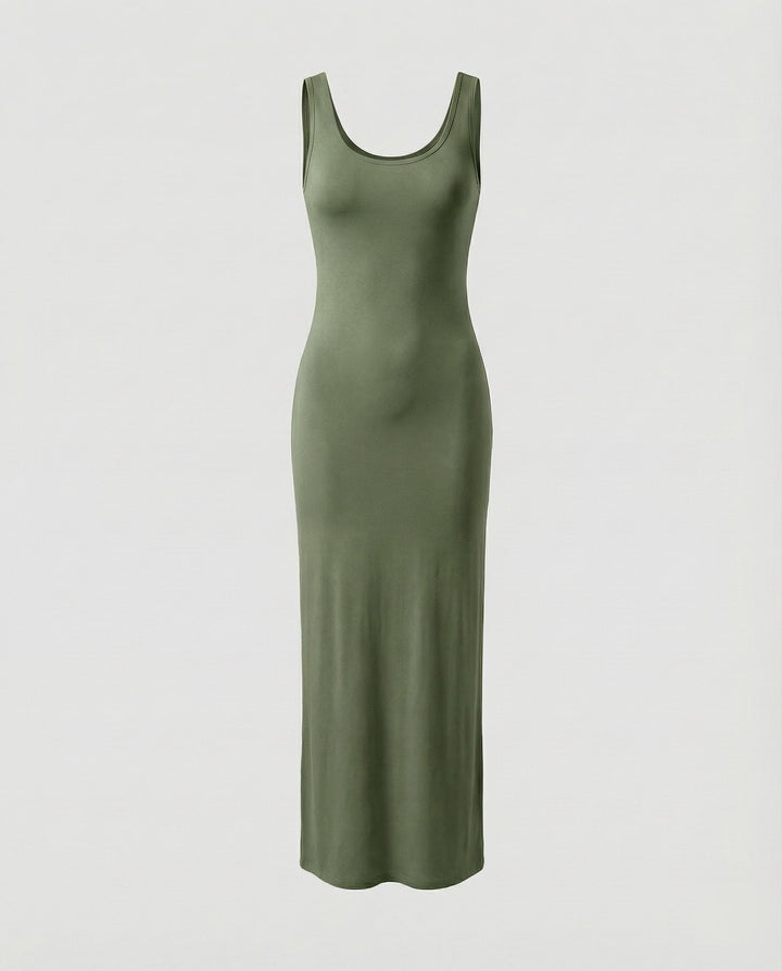 Chic women's maxi dress, bodycon fit, scoop neck, sleeveless design, perfect for elegant casual wear.